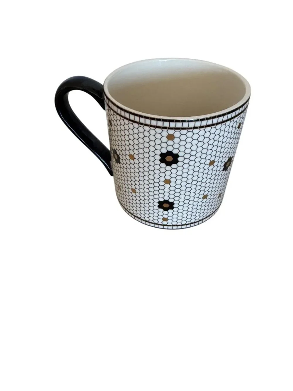 Anthropologie Mosaic Monogram E Coffee Mug With Black Handle & Hexagon Tile